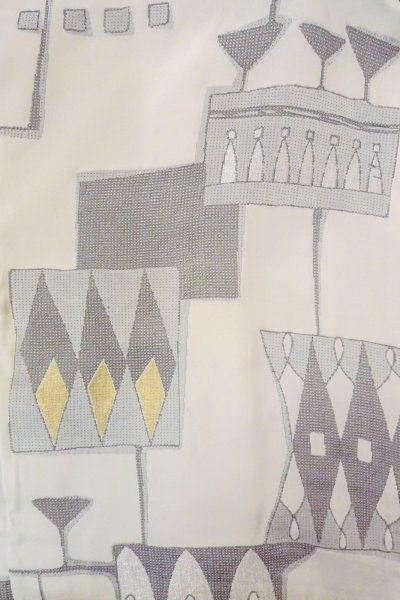 Photo3: O0805Y Vintage Japanese kimono   Gray HAORI short jacket for women / Silk. Geometrical pattern   (Grade C) (3)