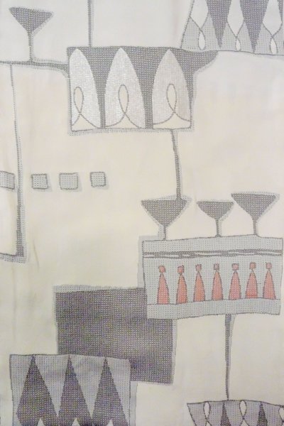 Photo4: O0805Y Vintage Japanese kimono   Gray HAORI short jacket for women / Silk. Geometrical pattern   (Grade C) (4)