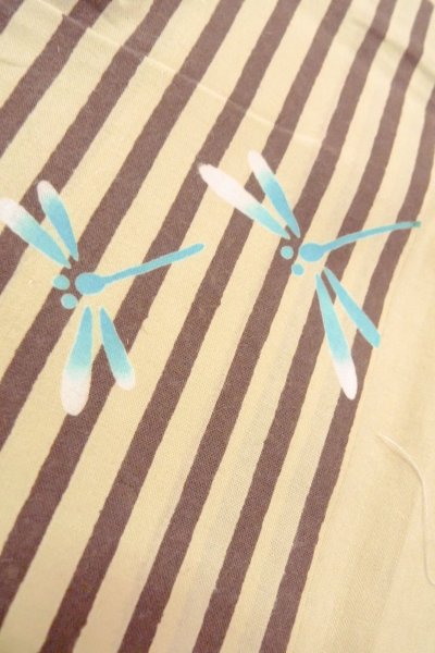 Photo9: O0826K Used Japanese kimono   Beige Pour Dyed Yukata for women / Cotton. Stripes, Dragonfly pattern  (Grade B) (9)