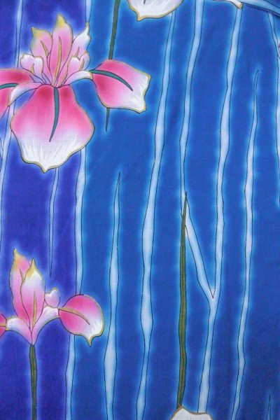 Photo3: O0826O Vintage Japanese kimono   Blue YUKATA summer(made in Other than Japan) for women / Cotton. Iris,   (Grade B) (3)