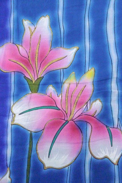 Photo5: O0826O Vintage Japanese kimono   Blue YUKATA summer(made in Other than Japan) for women / Cotton. Iris,   (Grade B) (5)