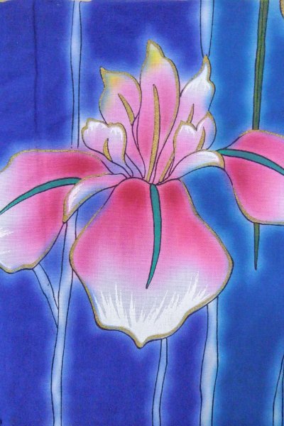 Photo6: O0826O Vintage Japanese kimono   Blue YUKATA summer(made in Other than Japan) for women / Cotton. Iris,   (Grade B) (6)