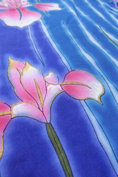 Photo8: O0826O Vintage Japanese kimono   Blue YUKATA summer(made in Other than Japan) for women / Cotton. Iris,   (Grade B) (8)