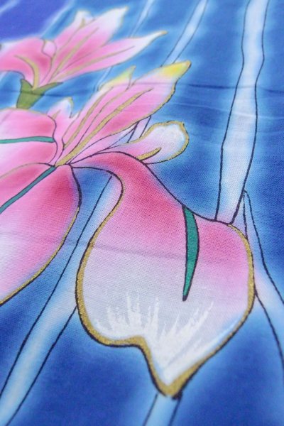Photo10: O0826O Vintage Japanese kimono   Blue YUKATA summer(made in Other than Japan) for women / Cotton. Iris,   (Grade B) (10)