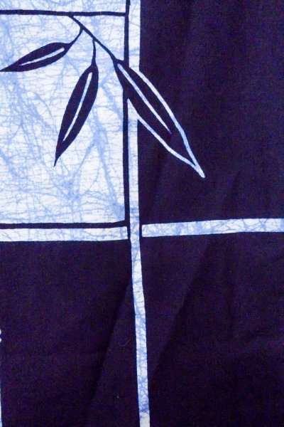 Photo6: O0826P Vintage Japanese kimono  Dark Indigo Blue YUKATA summer(made in Japan) for women / Cotton. Bamboo leaf,   (Grade B) (6)