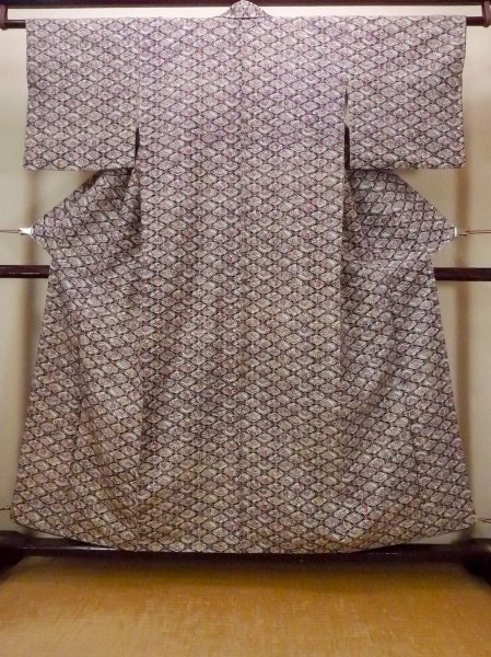 Photo1: O0826T Vintage Japanese kimono  Dark Multi Color KOMON dyed for women / Silk. Flower, There are stains on the lining  (Grade C) (1)