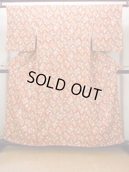 Photo2: Mint O0826V Vintage Japanese kimono  Vivid Orange KOMON dyed for women / Silk. Peony,   (Grade A) (2)