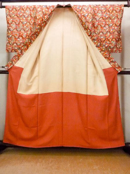 Photo2: Mint O0826V Vintage Japanese kimono  Vivid Orange KOMON dyed for women / Silk. Peony,   (Grade A) (2)