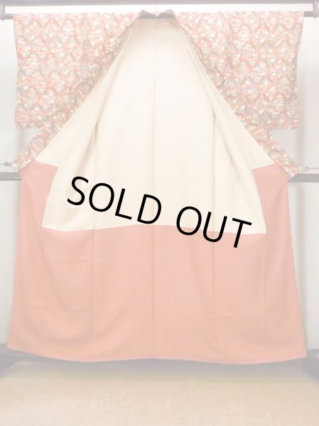 Photo3: Mint O0826V Vintage Japanese kimono  Vivid Orange KOMON dyed for women / Silk. Peony,   (Grade A) (3)