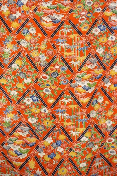 Photo4: Mint O0826V Vintage Japanese kimono  Vivid Orange KOMON dyed for women / Silk. Peony,   (Grade A) (4)
