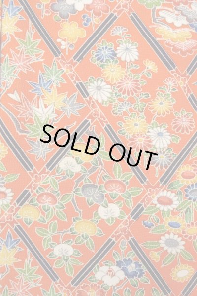 Photo1: Mint O0826V Vintage Japanese kimono  Vivid Orange KOMON dyed for women / Silk. Peony,   (Grade A) (1)
