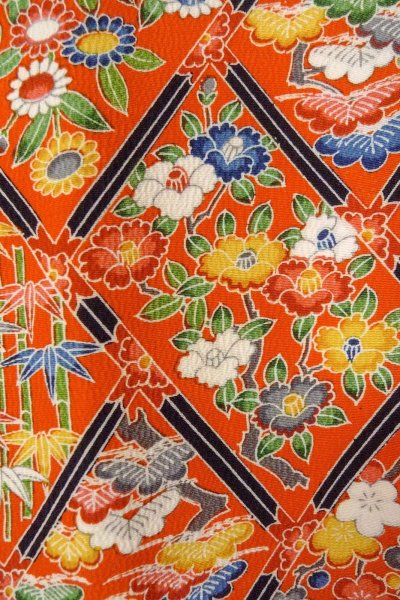 Photo7: Mint O0826V Vintage Japanese kimono  Vivid Orange KOMON dyed for women / Silk. Peony,   (Grade A) (7)