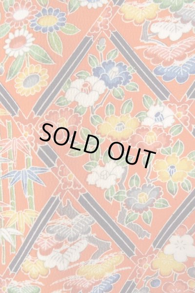 Photo7: Mint O0826V Vintage Japanese kimono  Vivid Orange KOMON dyed for women / Silk. Peony,   (Grade A) (7)