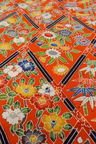 Photo9: Mint O0826V Vintage Japanese kimono  Vivid Orange KOMON dyed for women / Silk. Peony,   (Grade A) (9)
