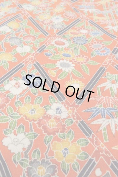 Photo9: Mint O0826V Vintage Japanese kimono  Vivid Orange KOMON dyed for women / Silk. Peony,   (Grade A) (9)
