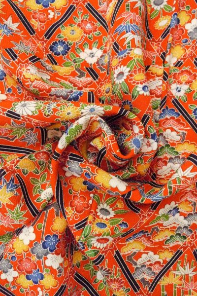 Photo11: Mint O0826V Vintage Japanese kimono  Vivid Orange KOMON dyed for women / Silk. Peony,   (Grade A) (11)