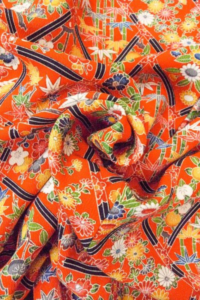 Photo12: Mint O0826V Vintage Japanese kimono  Vivid Orange KOMON dyed for women / Silk. Peony,   (Grade A) (12)