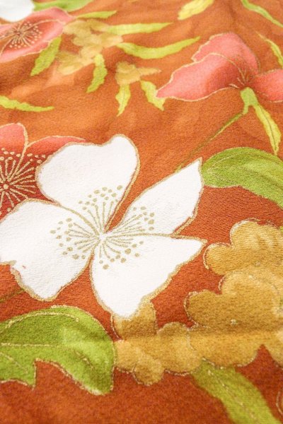 Photo10: O0826Y Vintage Japanese kimono   Brown KOMON dyed for women / Silk. Flower   (Grade B) (10)