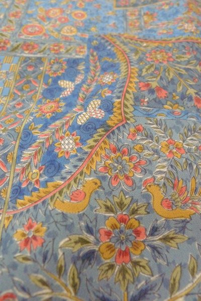 Photo9: Mint O0827B Used Japanese kimono  Grayish Light Blue KOMON dyed for women / Silk. Chinese flower,   (Grade A) (9)