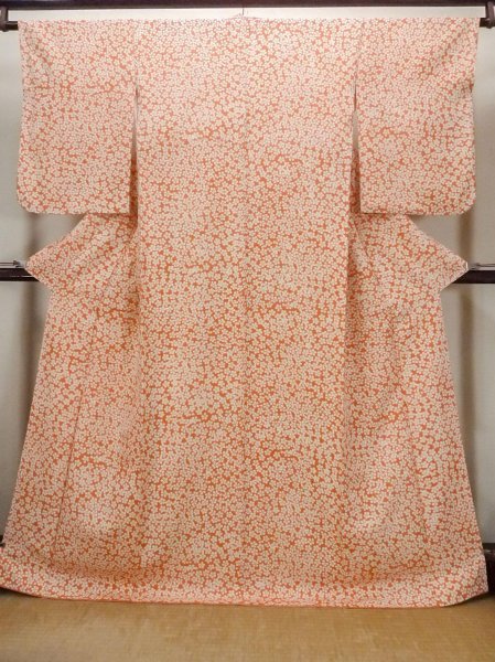 Photo1: O0827C Used Japanese kimono  Pale Orange KOMON dyed for women / Silk. Flower   (Grade B) (1)