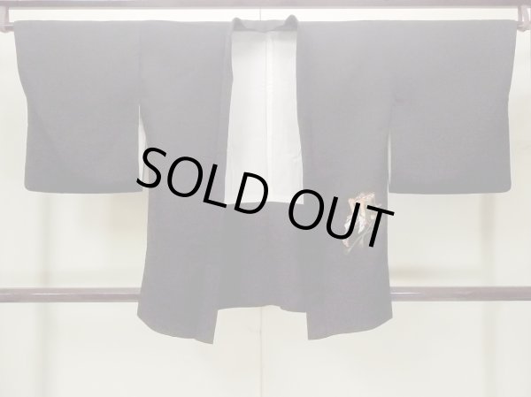 Photo1: O0902A Vintage Japanese kimono   Black HAORI short jacket for women / Silk. Court carriage,   (Grade B) (1)