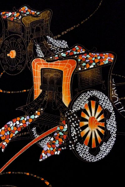 Photo4: O0902A Vintage Japanese kimono   Black HAORI short jacket for women / Silk. Court carriage,   (Grade B) (4)