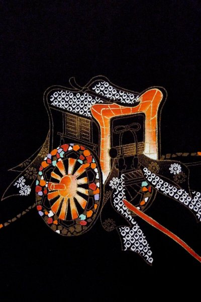 Photo5: O0902A Vintage Japanese kimono   Black HAORI short jacket for women / Silk. Court carriage,   (Grade B) (5)