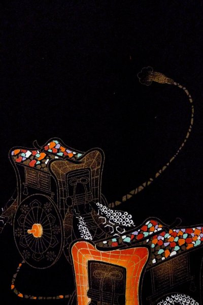 Photo6: O0902A Vintage Japanese kimono   Black HAORI short jacket for women / Silk. Court carriage,   (Grade B) (6)