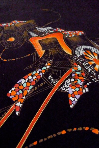 Photo7: O0902A Vintage Japanese kimono   Black HAORI short jacket for women / Silk. Court carriage,   (Grade B) (7)