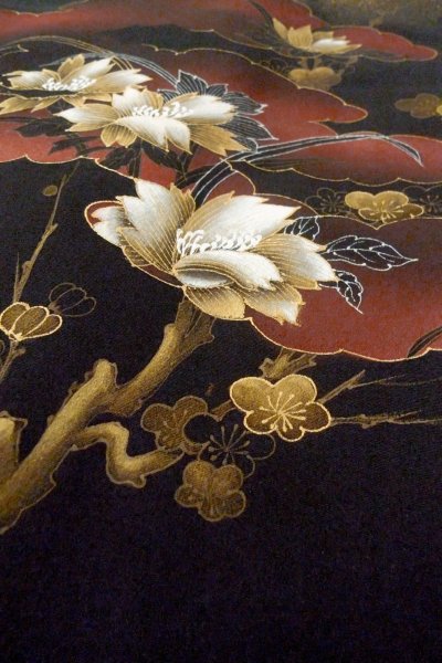 Photo7: O0902H Vintage Japanese kimono   Black HAORI short jacket for women / Synthetic. Flower,   (Grade B) (7)