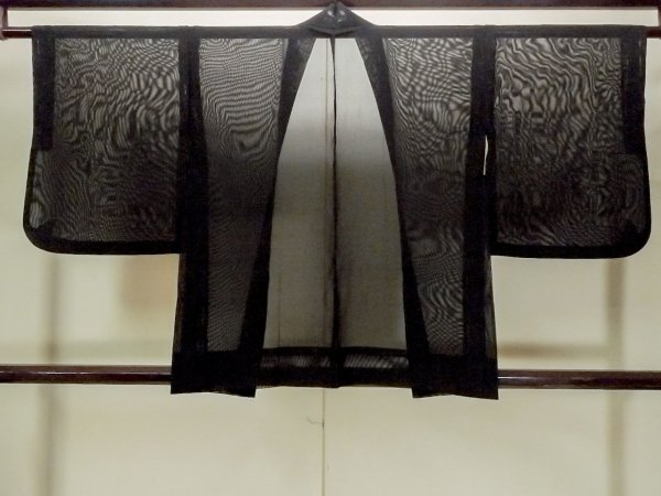 Photo2: O0909A Vintage Japanese kimono   Black HAORI short jacket for women / Silk. Stripes   (Grade B) (2)