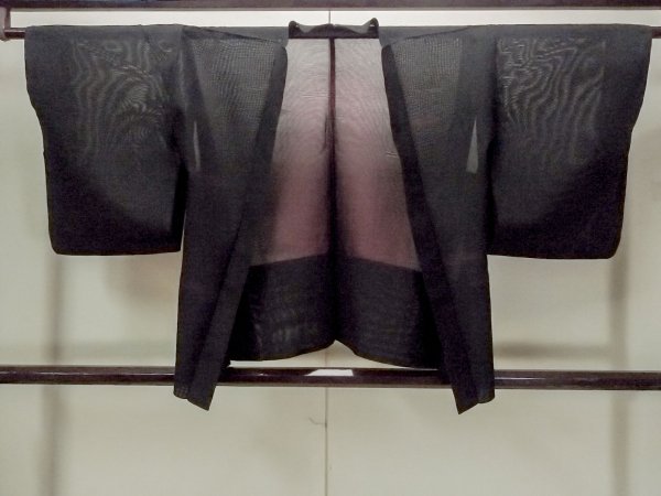 Photo1: O0909B Vintage Japanese kimono   Black HAORI short jacket for women / Silk. Stripes,   (Grade B) (1)