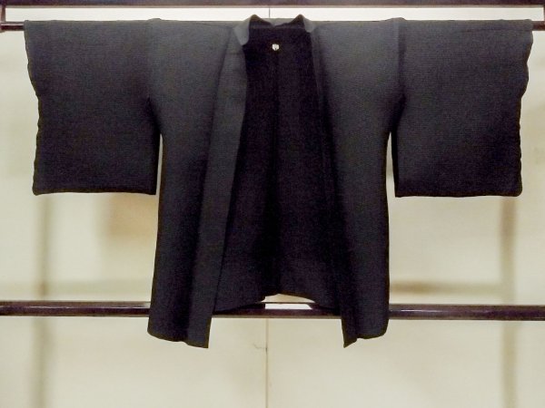 Photo1: Mint O0909E Vintage Japanese kimono   Black HAORI short jacket for women / Silk. Stripes   (Grade A) (1)