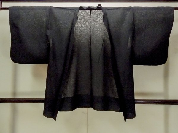 Photo1: O0909H Vintage Japanese kimono   Black HAORI short jacket for women / Silk. Swirl,   (Grade B) (1)