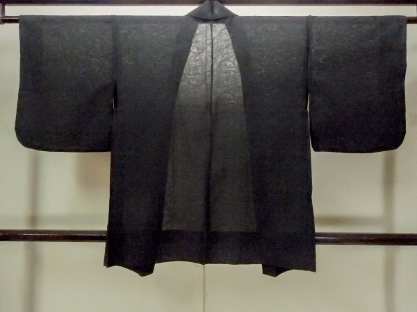 Photo2: O0909H Vintage Japanese kimono   Black HAORI short jacket for women / Silk. Swirl,   (Grade B) (2)