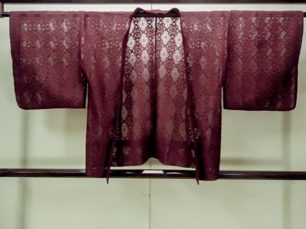 Photo1: O0909L Vintage Japanese kimono  Dark Red HAORI short jacket for women / Synthetic. Flower, Lace fabric  (Grade B) (1)
