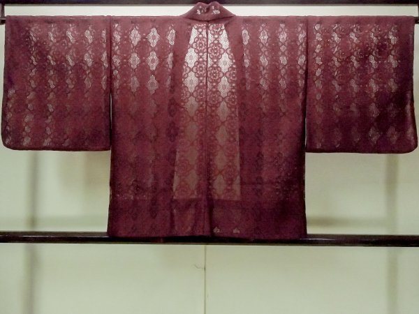 Photo2: O0909L Vintage Japanese kimono  Dark Red HAORI short jacket for women / Synthetic. Flower, Lace fabric  (Grade B) (2)