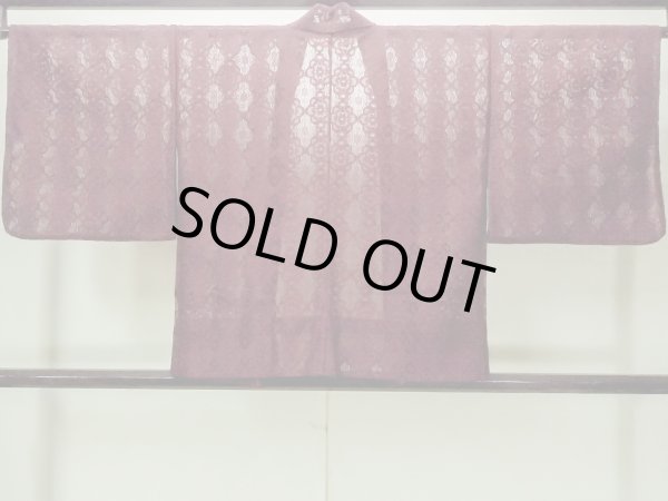 Photo2: O0909L Vintage Japanese kimono  Dark Red HAORI short jacket for women / Synthetic. Flower, Lace fabric  (Grade B) (2)