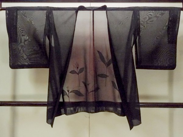 Photo1: O0909N Vintage Japanese kimono   Black HAORI short jacket for women / Silk. Autumn bellflower   (Grade D) (1)