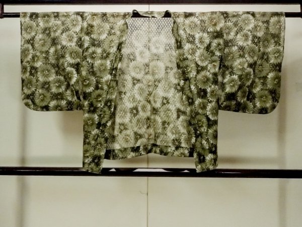 Photo1: O0909P Vintage Japanese kimono  Dark Olive HAORI short jacket for women / Synthetic. Flower   (Grade B) (1)
