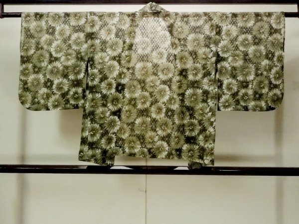 Photo2: O0909P Vintage Japanese kimono  Dark Olive HAORI short jacket for women / Synthetic. Flower   (Grade B) (2)