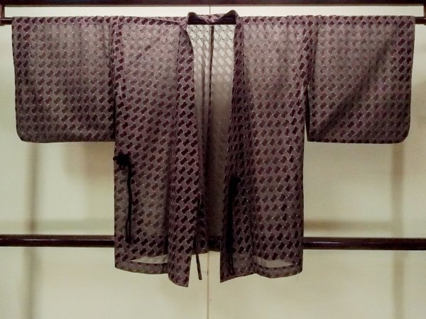 Photo1: Mint O0909Q Vintage Japanese kimono   Black DOCHUGI outer coat for women / Synthetic. Abstract pattern   (Grade A) (1)