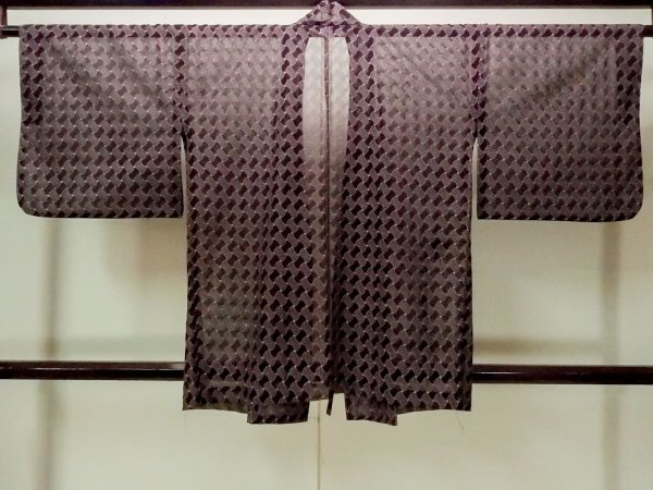 Photo2: Mint O0909Q Vintage Japanese kimono   Black DOCHUGI outer coat for women / Synthetic. Abstract pattern   (Grade A) (2)