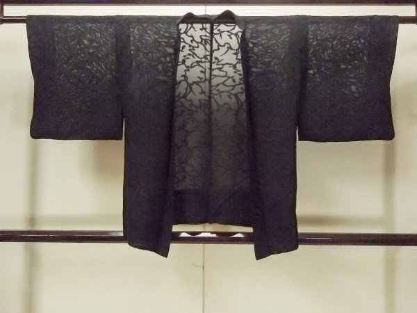 Photo1: Mint O0909R Vintage Japanese kimono   Black HAORI short jacket for women / Silk. Ivy   (Grade A) (1)