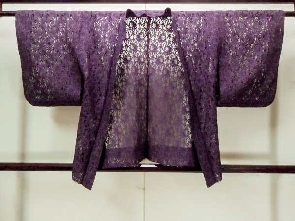 Photo1: O0909S Vintage Japanese kimono  Dark Purple HAORI short jacket for women / Synthetic. Flower Lace fabric  (Grade B) (1)