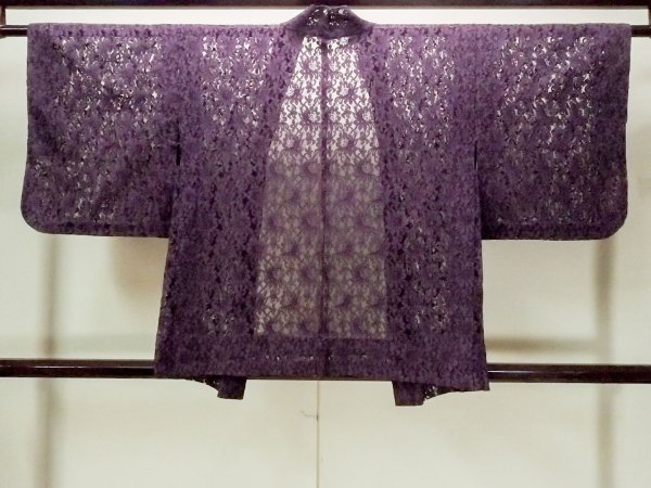 Photo2: O0909S Vintage Japanese kimono  Dark Purple HAORI short jacket for women / Synthetic. Flower Lace fabric  (Grade B) (2)