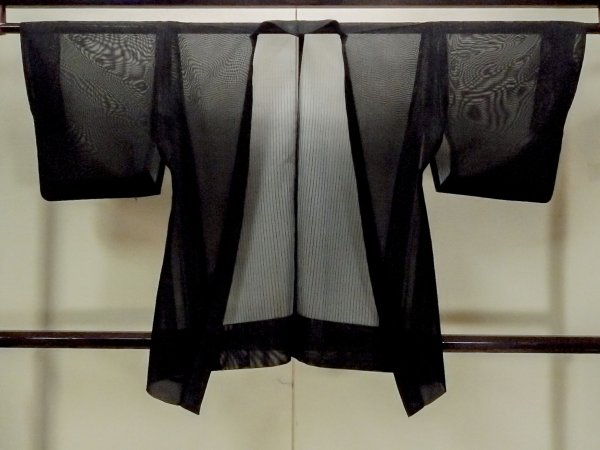 Photo1: Mint O0909V Vintage Japanese kimono   Black HAORI short jacket for women / Silk. Stripes   (Grade A) (1)