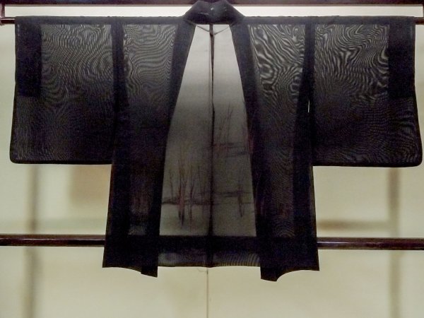 Photo2: O0910A Vintage Japanese kimono   Black HAORI short jacket for women / Silk. Tall grass   (Grade B) (2)