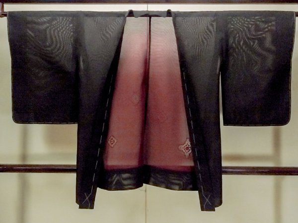 Photo1: O0910B Vintage Japanese kimono   Black HAORI short jacket for women / Silk. Geometrical pattern   (Grade A) (1)