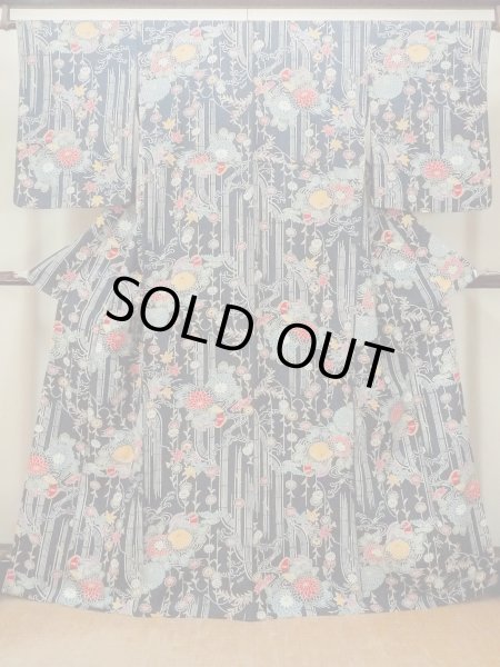 Photo1: O1002C Vintage Japanese kimono Indigo Blue HITOE unlined for women / Silk. Chrysanthemum (Grade B) (1)